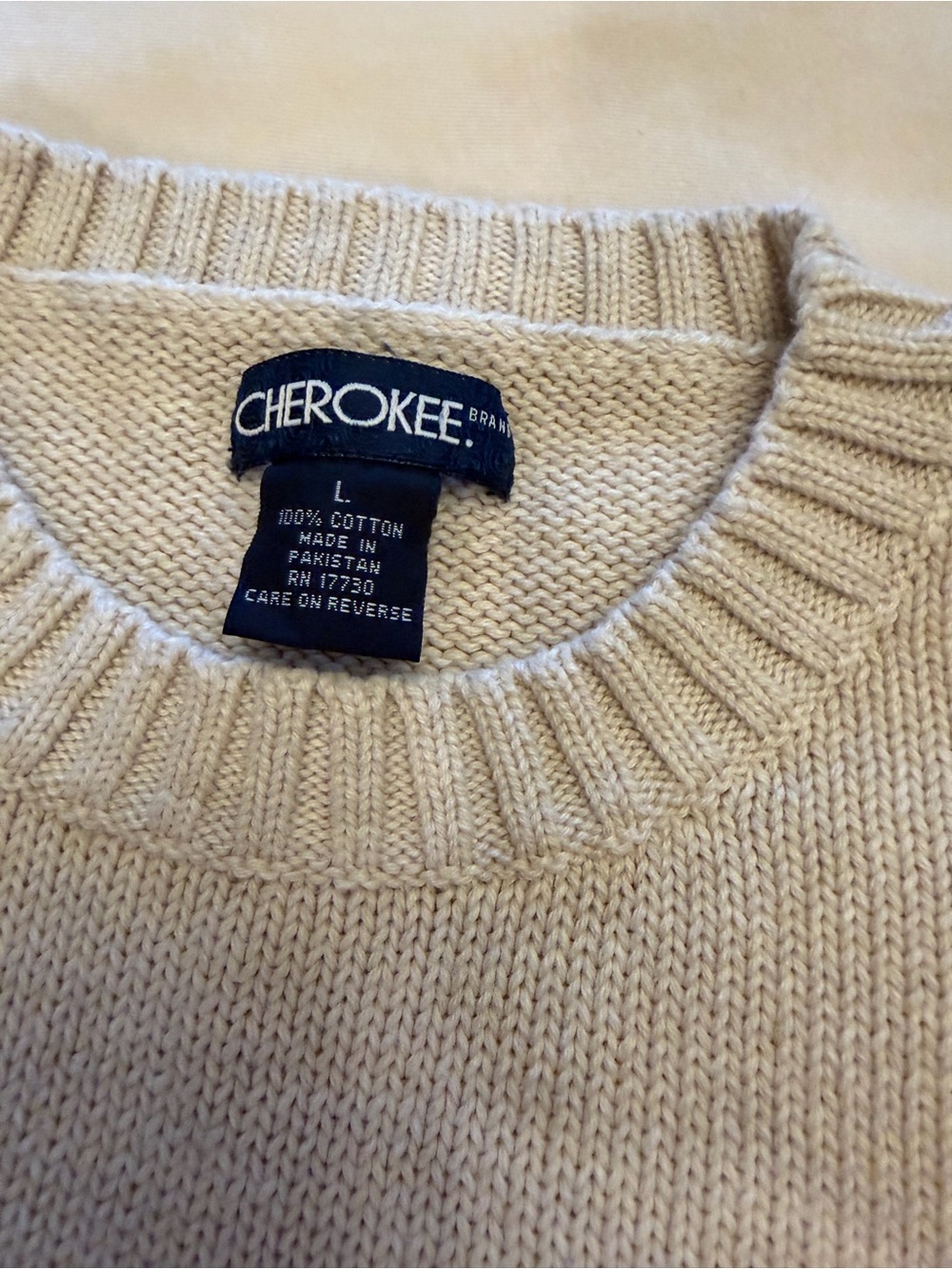 VTG Cherokee 100% Cotton Beige Crewneck Sweater Large